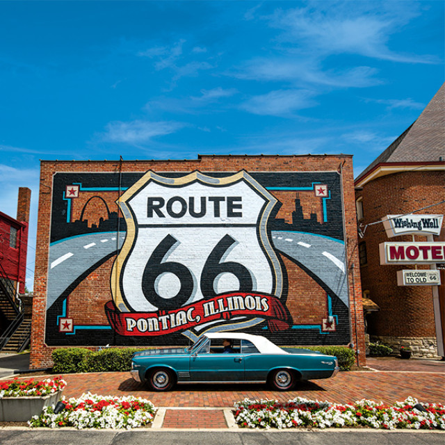 A colorful mural honors Route 66 in Pontiac, Illinois